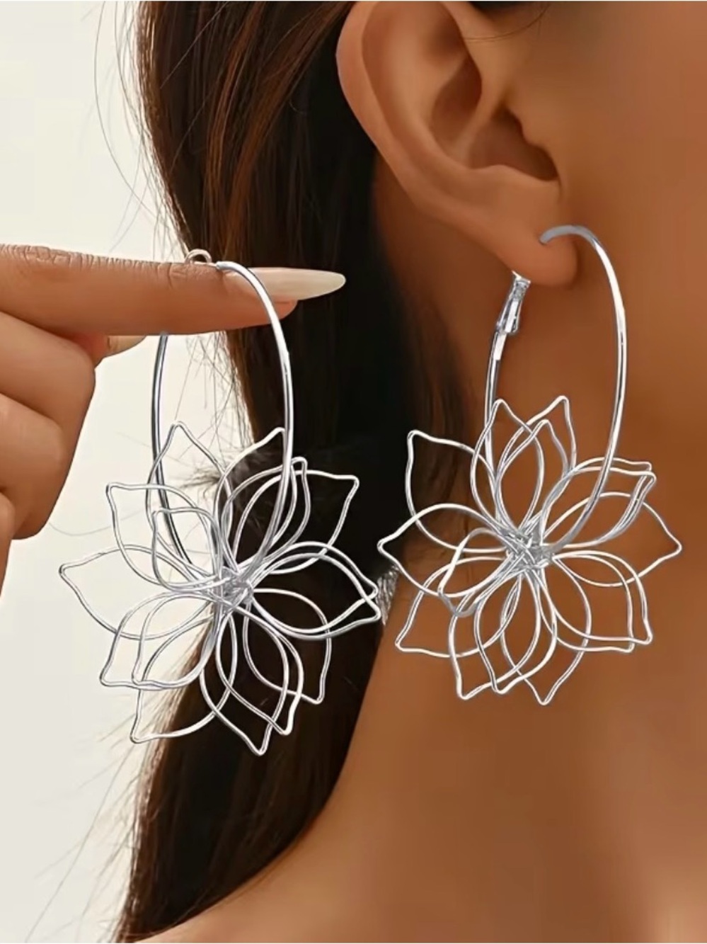 Silver Floral Wire Hoop Earrings - Openwork Lotus Design